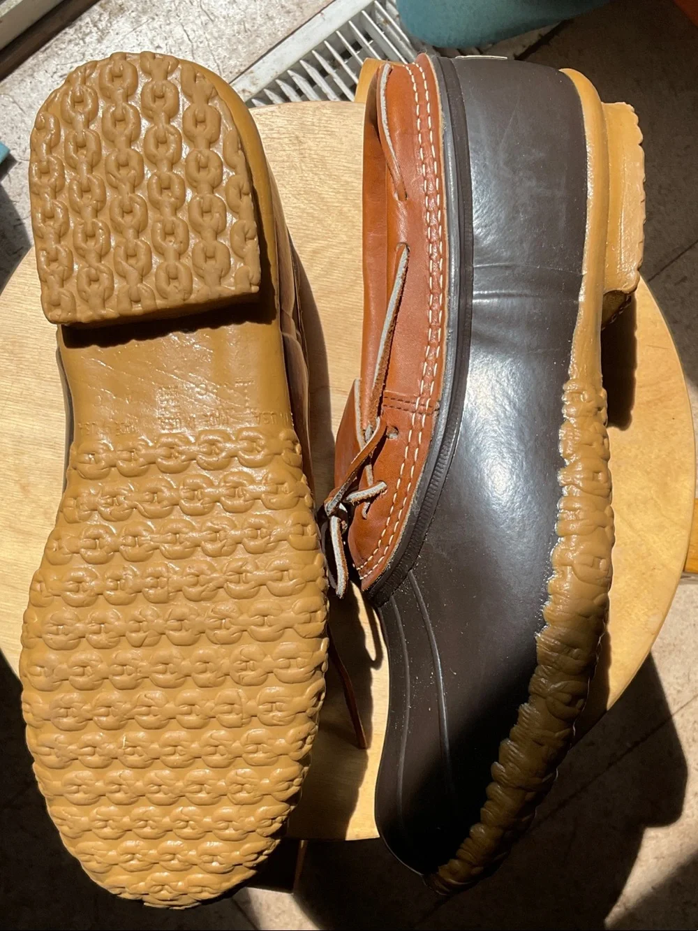 L.L. Bean tan and Brown Leather-Topped Boat Shoes BEAN BOOTS mens size 13M